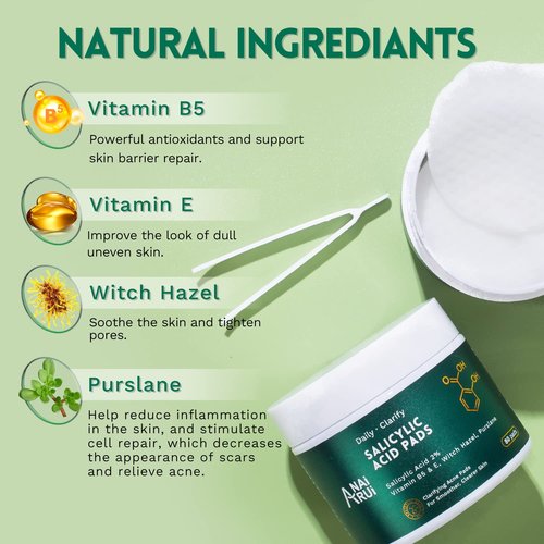 ANAI RUI Salicylic Acid Face Cleansing Pads - 2% Acne Treatment with Witch Hazel | 80 Count