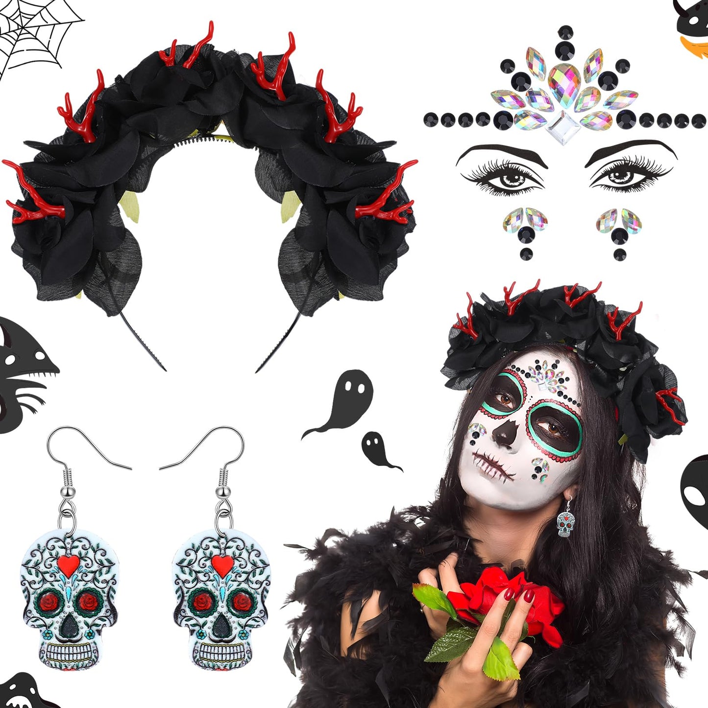 Riceshoot 3 Pcs Day of the Dead Costumes Accessories for Women Halloween Headbands Skull Earrings Gems(Black Hue)