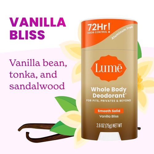 Lume Whole Body Deodorant - Smooth Solid Stick for 72-Hour Odor Control - Aluminum & Baking Soda Free - 2.6 Ounce (Pack of 2) | Vanilla Bliss