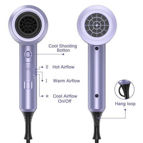 slopehill Professional Ionic Hair Dryer, Powerful 1800W Fast Drying Low Noise Blow Dryer with 2 Concentrator Nozzle 1 Diffuser Attachments for Home Salon Travel (Lavender)