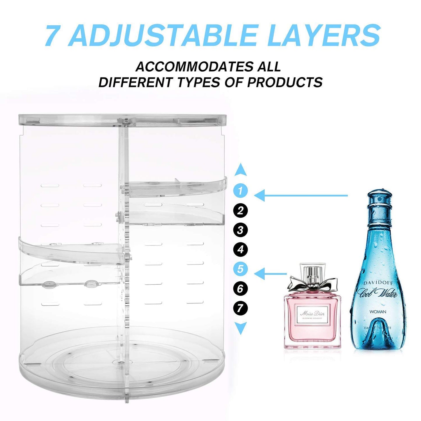 sanipoe Rotating Makeup Organizer, DIY 8 Adjustable Layers 360 Spinning Skincare Organizer, Lazy Susan Rack Cosmetic Carousel Storage Shelf with Brush Holder for Vanity Bathroom Countertop,Clear