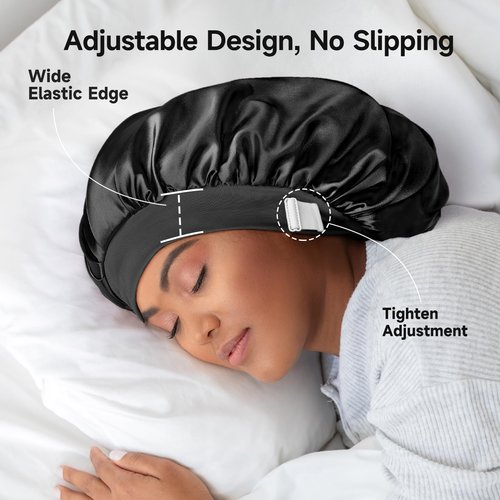22 Momme 100% Real Mulberry Silk Bonnet for Sleeping Women, Large Hair Care Bonnet for Long Curly Hair, Double Layer Silk Wrap with Soft Elastic Band, Non-Slip Sleep Cap, Black+Purple