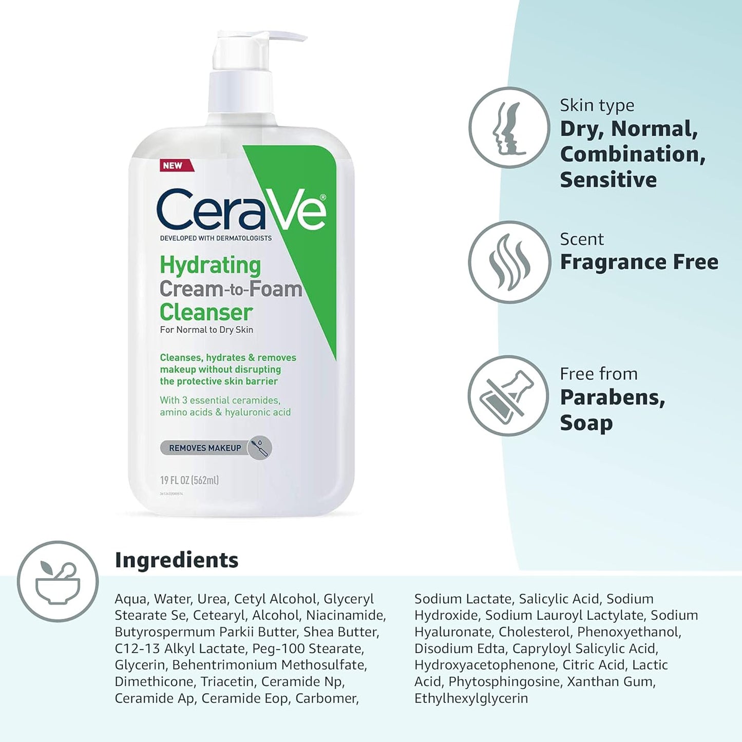 CeraVe Hydrating Foam Cleanser - Gentle Makeup Remover for Dry Skin | 19 Fl Oz, Fragrance-Free