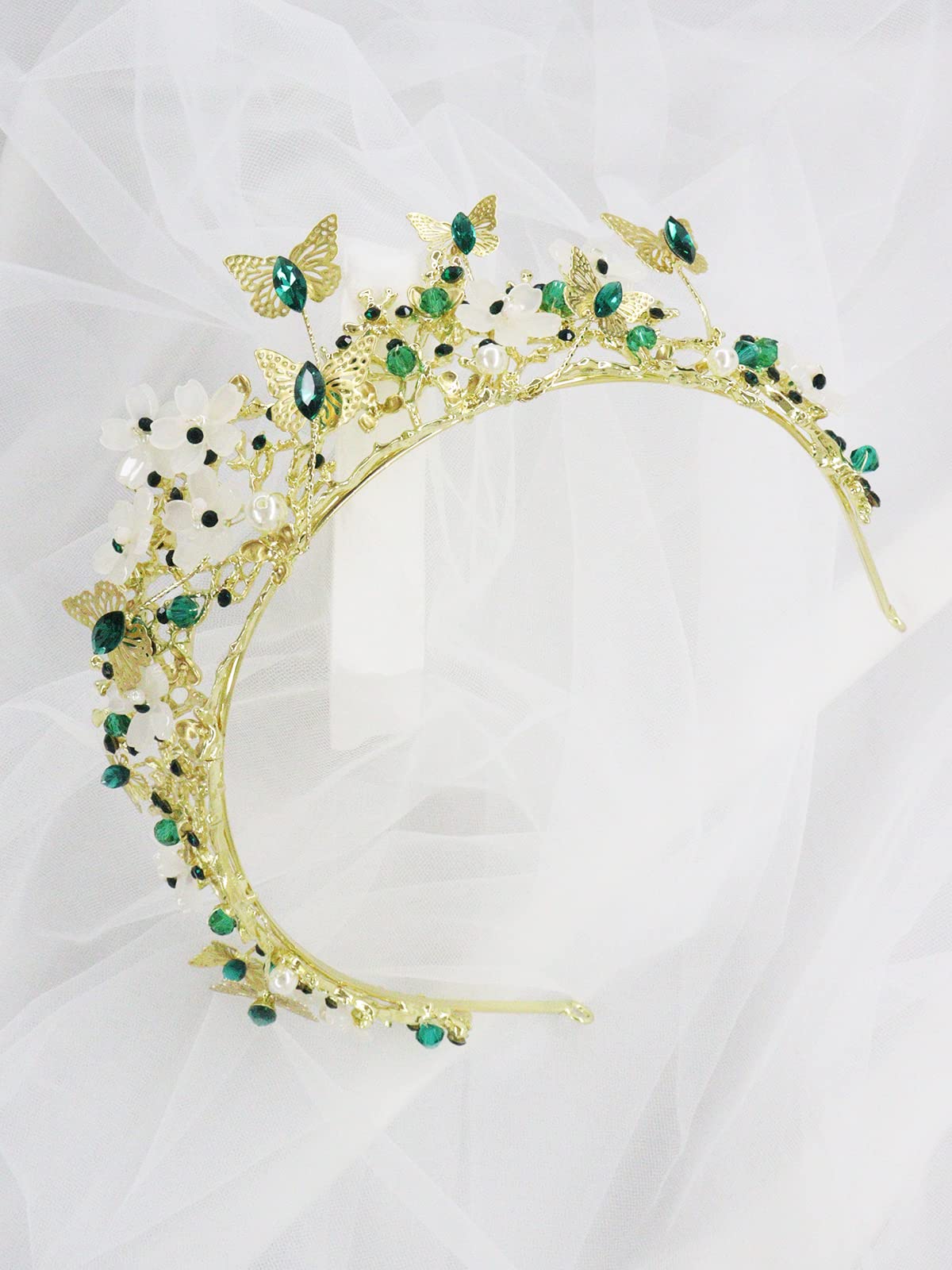 Brihasory Butterfly Queen Birthday Crowns Gold Tiaras for Bride, Crystal Royal Princess Wedding Rhinestone Headband, Costmue Party Christmas Halloween Black Prom Headpiece for Women and Girls (Green)