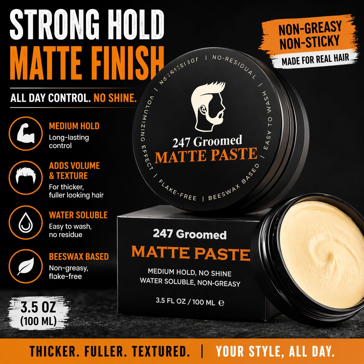 247 Groomed Matte Pomade - All-Day Medium Hold & Low Shine Finish for All Hair Types | Beeswax-Based Thickening Paste