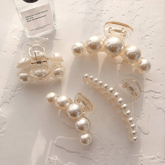 Skiennix Large Pearl Hair Claw Clips - Strong Hold No Slip Barrettes | 4-Piece Set for Women