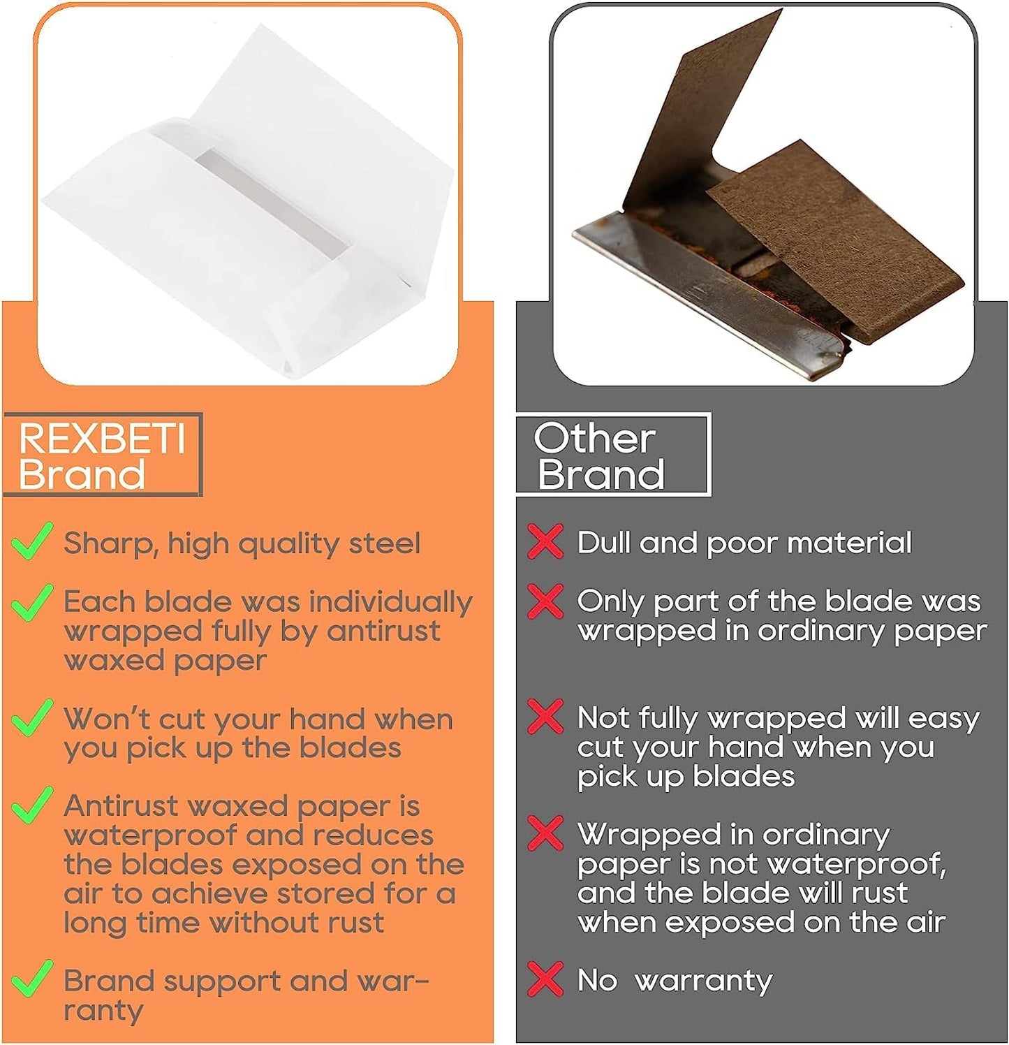 REXBETI 800PCS Single Edge Razor Blades, Industrial Scraper Razor Blades, One Edge Razor Blade, Replacement Box Cutter Blades, Suitable for Removing Labels, Decals, Stickers