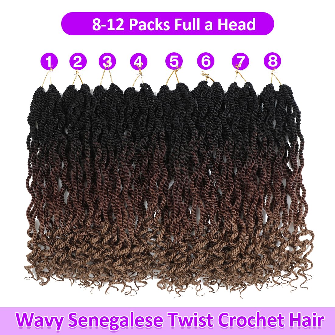 Fayasu Wavy Senegalese Twist Crochet Hair 12 Inch for Black Women Pre-twisted Kids Crochet Hair 8Packs Braids Ends Synthetic Hair Extension(12Inch Pack of 8),1B/30/27)