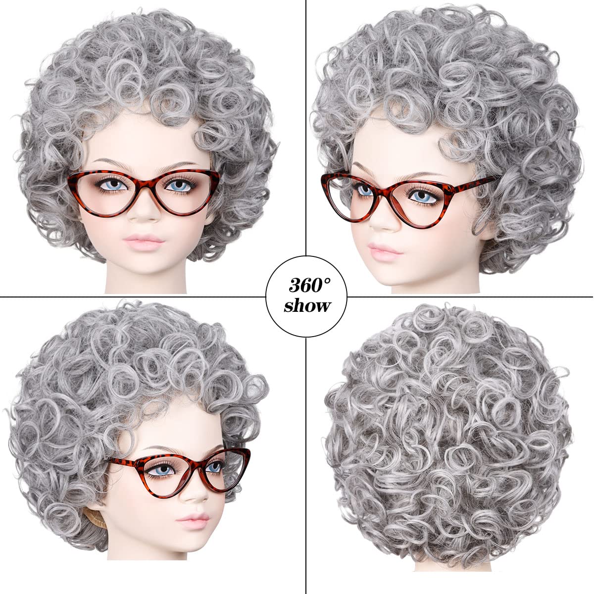 Gray Curly Wig with Granny Glasses and Pearl Necklace Old Lady Costume for Halloween Party for Girl Kid