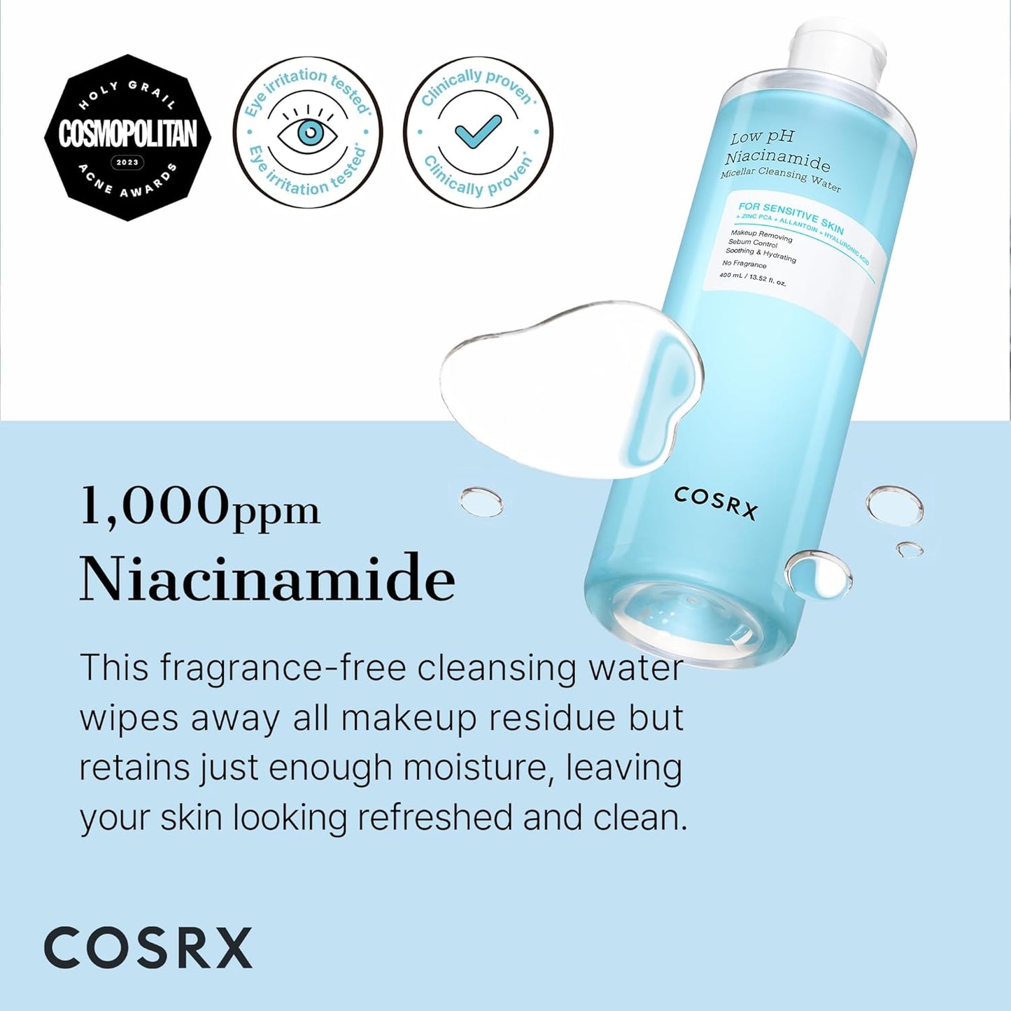 COSRX Low pH Niacinamide Micellar Cleansing Water - Gentle Daily Cleanser for Sensitive Skin | 13.52 fl. oz (400ml)