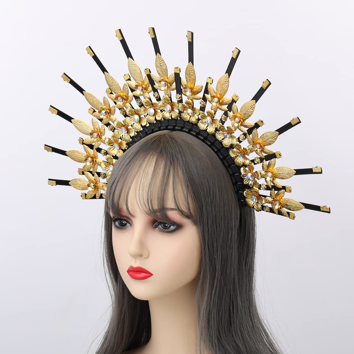 BLESSUME Goddess Gold Spike Halo Crown Headpiece NYLON ZIP TIE Wedding Bride Hair Band Tiara…