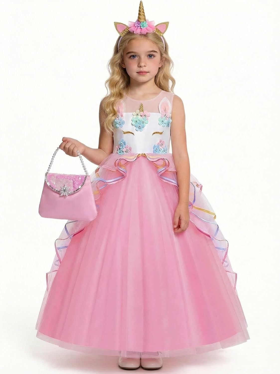 Unicorn Dress for Girls Unicorn Costume Pageant Princess Dress Party Birthday Christmas Long Gown with Accessories