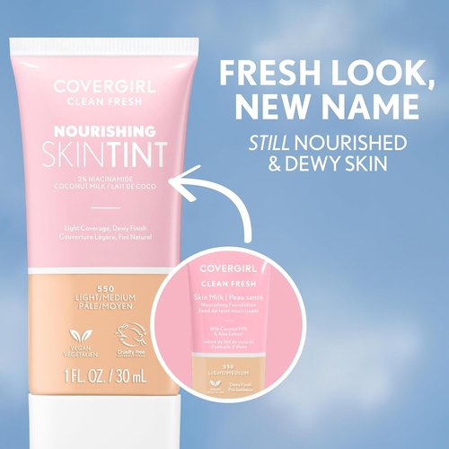 COVERGIRL Clean Fresh Nourishing Skin Tint - 510 Porcelain Liquid Foundation | Dewy Finish & Vegan Formula