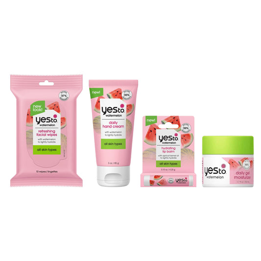 Yes To Watermelon Skincare Essentials Set – Face Wipes, Hand Cream, Lip Balm, Hydrating Moisturizer,