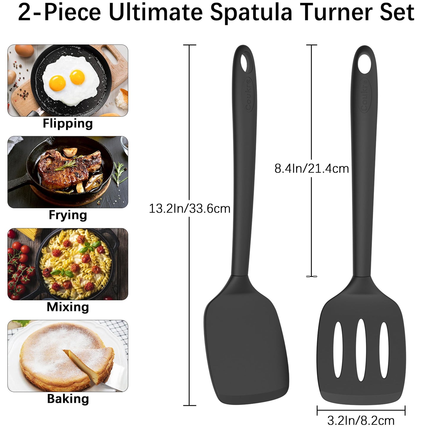 Coukre 2 Pack Silicone Spatula Set, High Heat Resistant, BPA Free Kitchen Spatula, Solid & Slotted Turner for Non-Stick Pans, Sautéing, and Flipping (2, AquaGreen)
