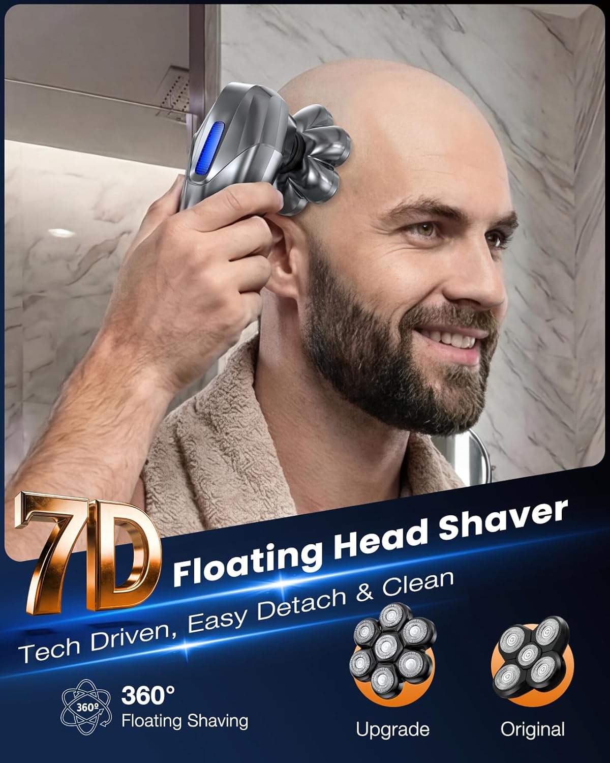 Skiennix 5-in-1 Electric Head Shaver - 7D Floating Waterproof Rechargeable Grooming Kit for Bald Men | Gray