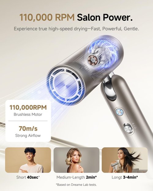 Dreame Pocket Hair Dryer - Ultra Lightweight & Fast Drying with 2 Attachments | Portable & Low Noise