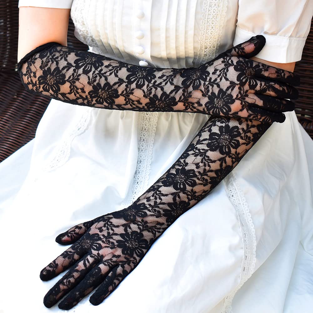 Malaxlx 3 Pairs Womens Long Lace Gloves Elbow Length Fingerless Lace Gloves Bridal Gloves for Wedding Opera Party