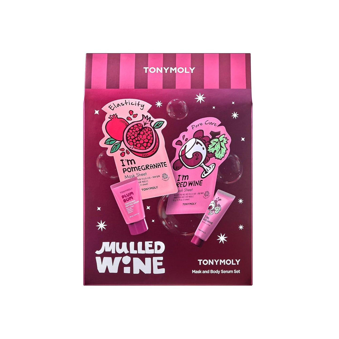 TONYMOLY Mulled Wine Mask & Body Serum Set - Hydrating 4-Piece Holiday Skincare Gift for Secret Santa & White Elephant
