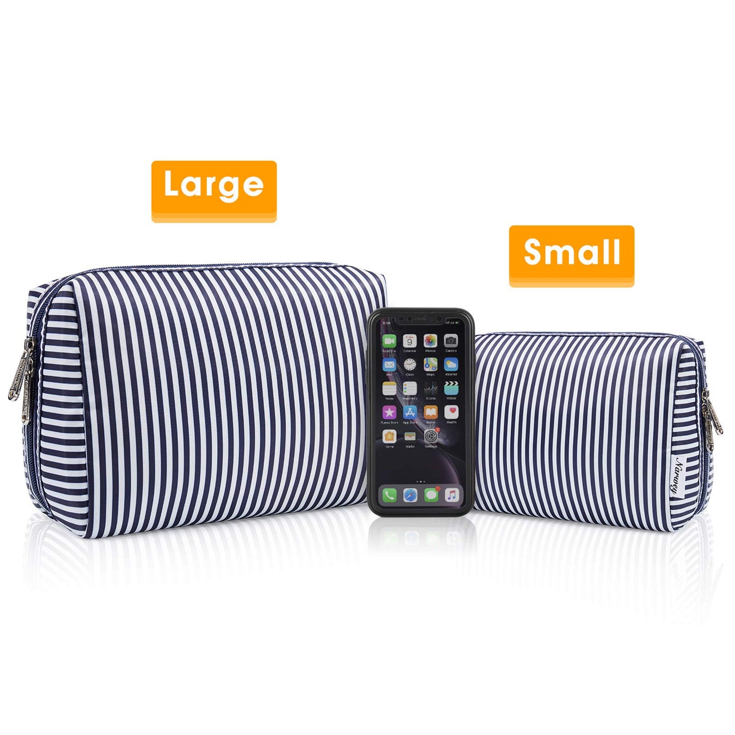 Narwey Cute Makeup Bag Travel Cosmetic Bag Organizer Toiletry Bag Make Up Bags with Compartments for Women Girls (Large, Blue Stripe)