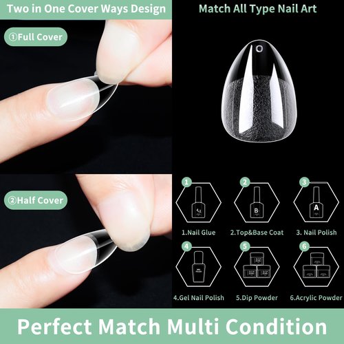 Extra Short Almond Nail Tips, 216pcs Acrylic Fake Nails Soft Gel X Nail Tips, Full Cover Pre-Shaped Matte Clear Press on Nails for Extension, Diy at Home Manicure 12 Sizes