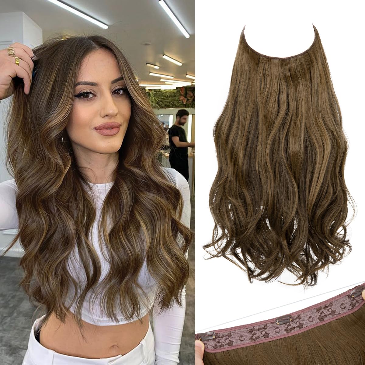SARLA Invisible Wire Hair Extensions with 3 Clips Short Wavy Curly Synthetic Hairpiece for Women Adjustable Transparent Headband 14 Inch Coffee Brown