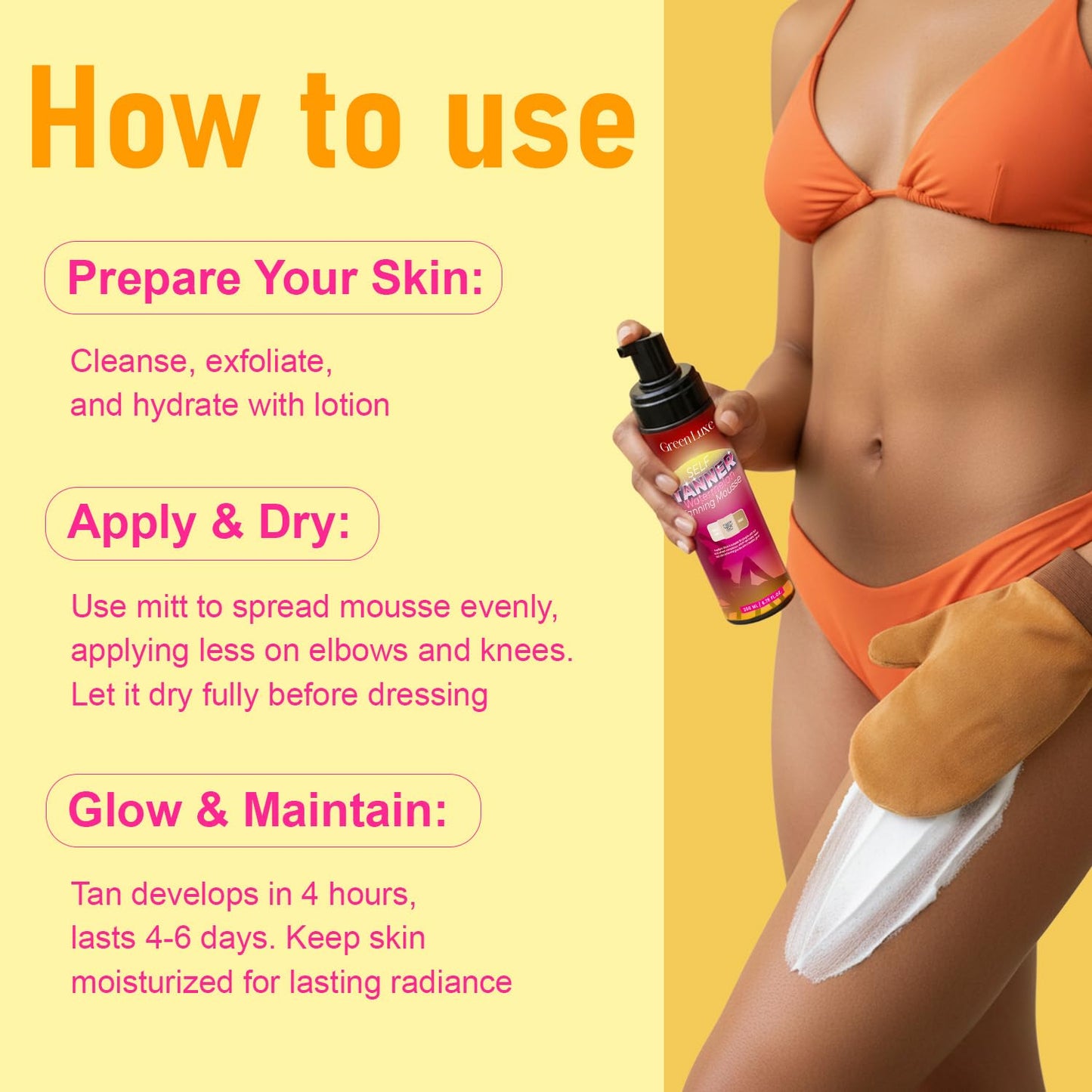 Skiennix Self Tanner Mousse Kit - Hydrating Sunless Tanning Foam with Hyaluronic Acid | Flawless Medium Glow, Watermelon Scent, 6.76 fl. oz