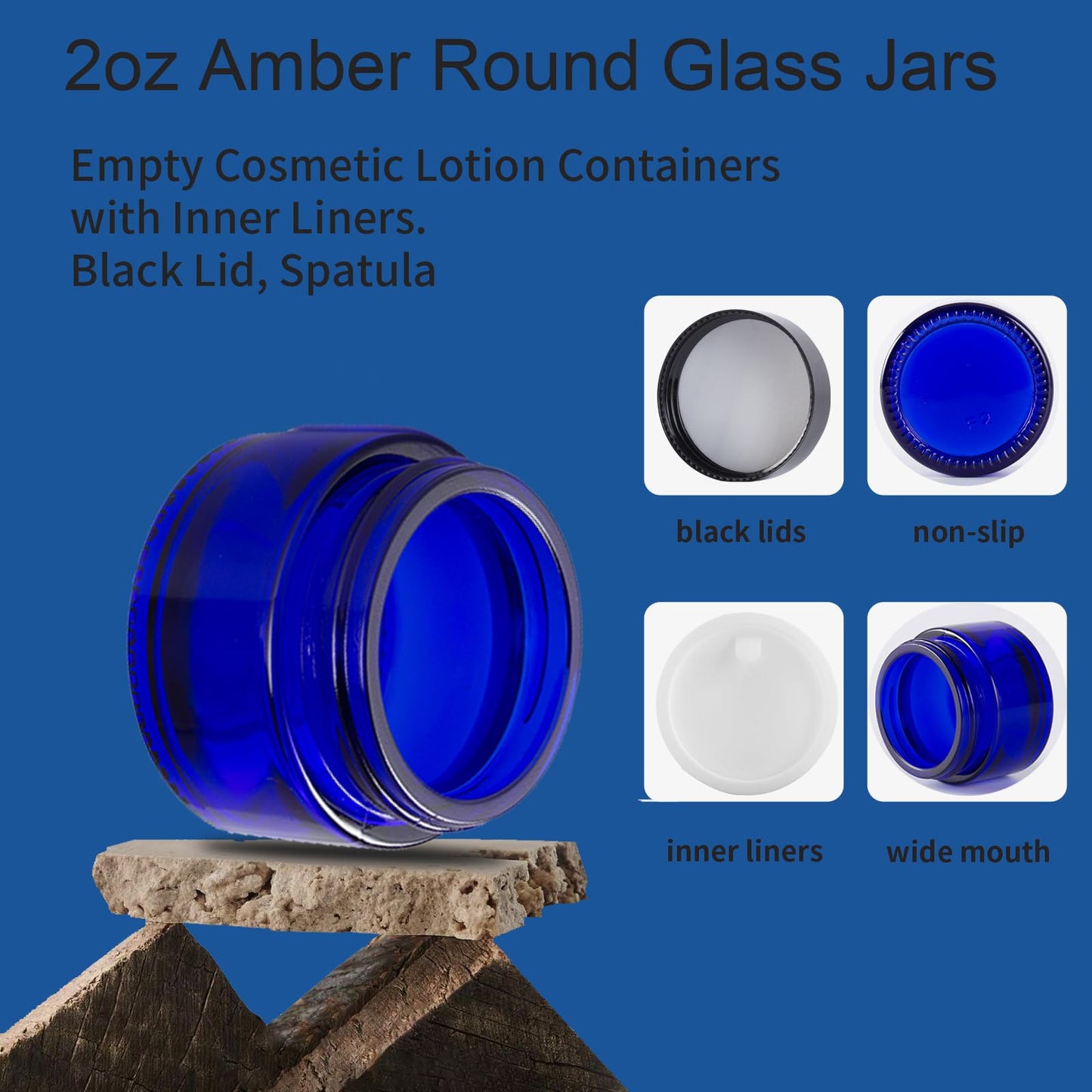OverNews 4PCS 2oz Glass Jar Travel Size, Empty Cosmetic Lotion Container with Black Lid & Spatula, Small Mini Jar for Beauty (Blue)
