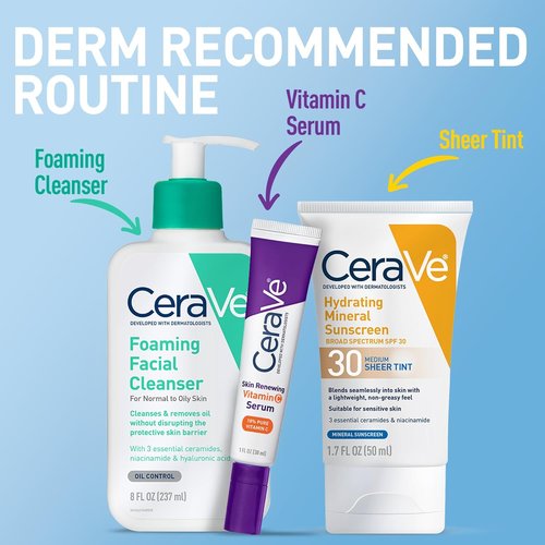 CeraVe Hydrating Mineral Sunscreen SPF 30 - Tinted Zinc Oxide Formula for a Healthy Glow, 1.7 Oz