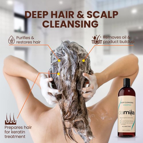 damila Deep Cleansing Shampoo - Clarifying Shampoo For All Hair Types - Degreases, Removes Residue and Product Build Up - Prepares Hair for Keratin Hair Treatment