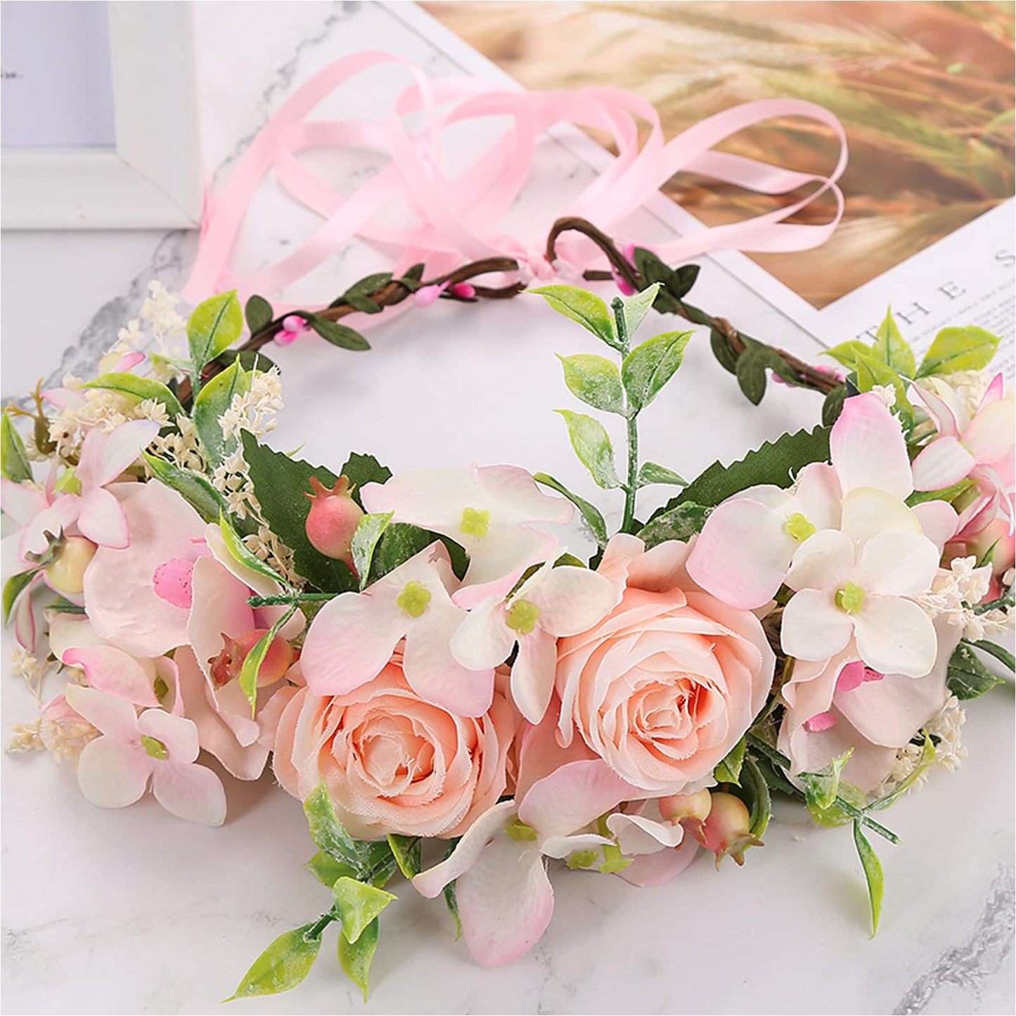 YnimioAOX Handmade Adjustable Flower Wreath Headband Halo Floral Crown Garland Headpiece,M3-baby pink