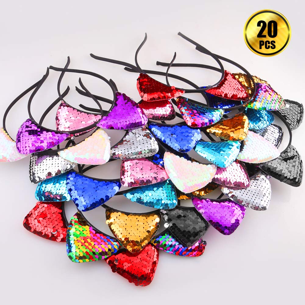 WXJ13 20 Pieces Cat Ears Headbands Reversible sequin headband Cute Cat Headbands