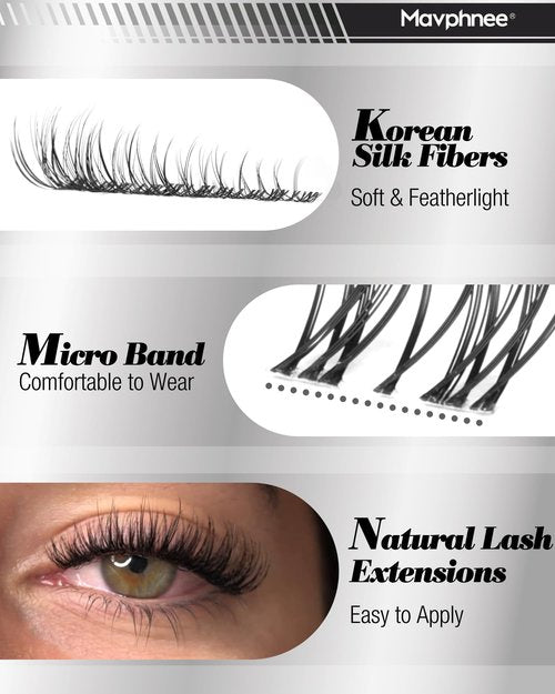 Clear Band Lash Clusters Kit Natural Cluster Eyelash Extensions Kit Wispy Individual Lashes CC-Curly Cluster Lashes Venus Eyelash Clusters Lash Bond and Seal Easy DIY Lash Kit (Velure, 8-16MM)