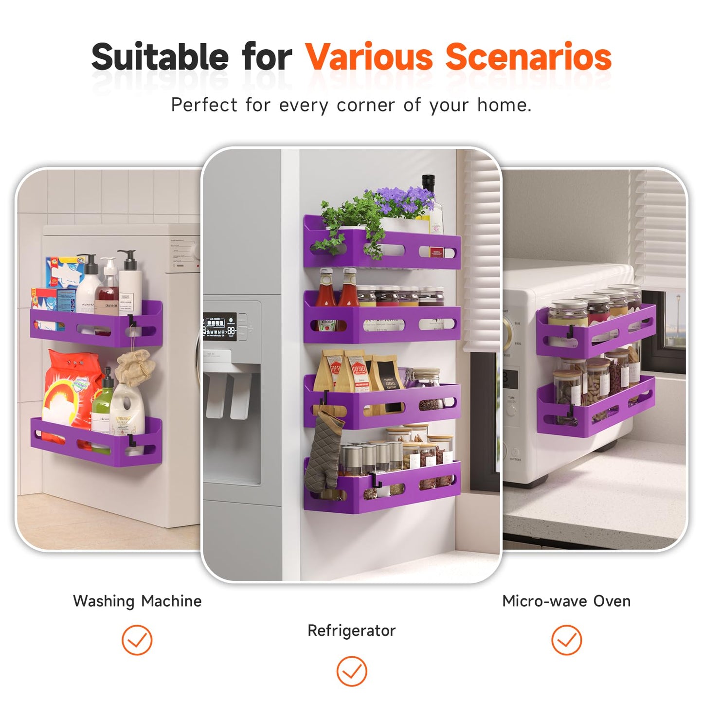 4 Pack Strong Magnetic Spice Rack for Refrigerator, Multipurpose Magnetic Shelf for Fridge with 4 Hooks for kitchen and Bathroom Organization, Black