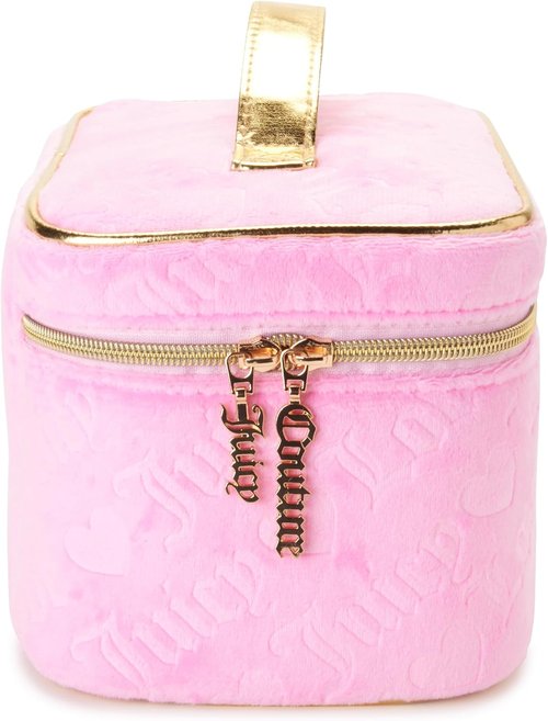 Juicy Couture Pink Makeup Bag - Velour Heart Logo Travel Organizer for Cosmetics Essentials