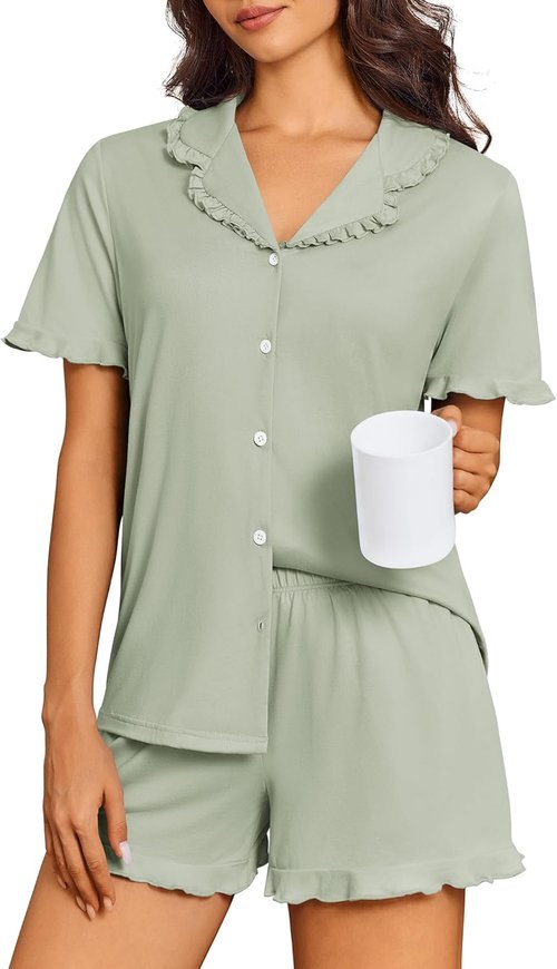 Ekouaer Women's Pajama Set - Cute Button Down 2 Piece Short Sleeve Ruffle Lounge Sleepwear
