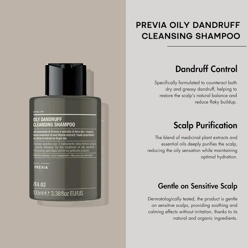 PREVIA Oily Dandruff Cleansing Shampoo - Natural Detox Formula for Healthy Scalp | Vegan 3.4 oz