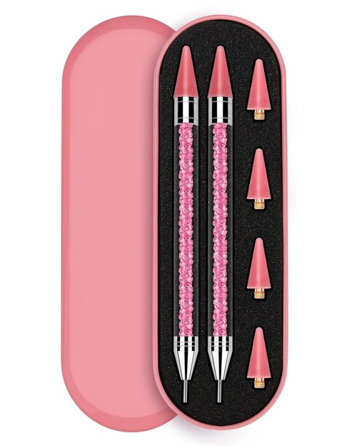 Rolybag Rhinestone Picker Tool, 2PCS Rhinestone Applicator Tool Dotting Wax Pen Dual-Ended with 4PCS Replaceable Wax Tips for DIY Nail Art Tool (Pink)