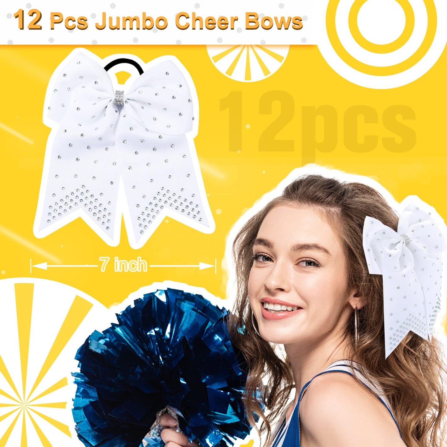 Juexica 12 Pieces Jumbo Christmas Cheerleader Bows with Rhinestones Sequins, 7 Inch Large Ponytail Holder Cheer Hair Bows for Teen Girls Softball Cheerleader Sports (White, Rhinestone)