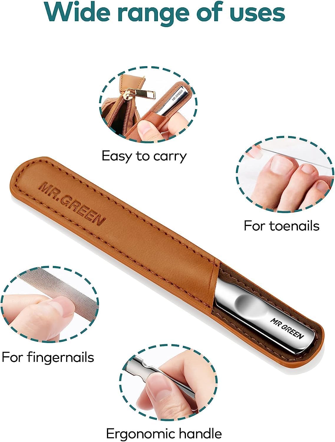 Skiennix Stainless Steel Nail File - Double-Sided Design with Anti-Slip Handle & Leather Case