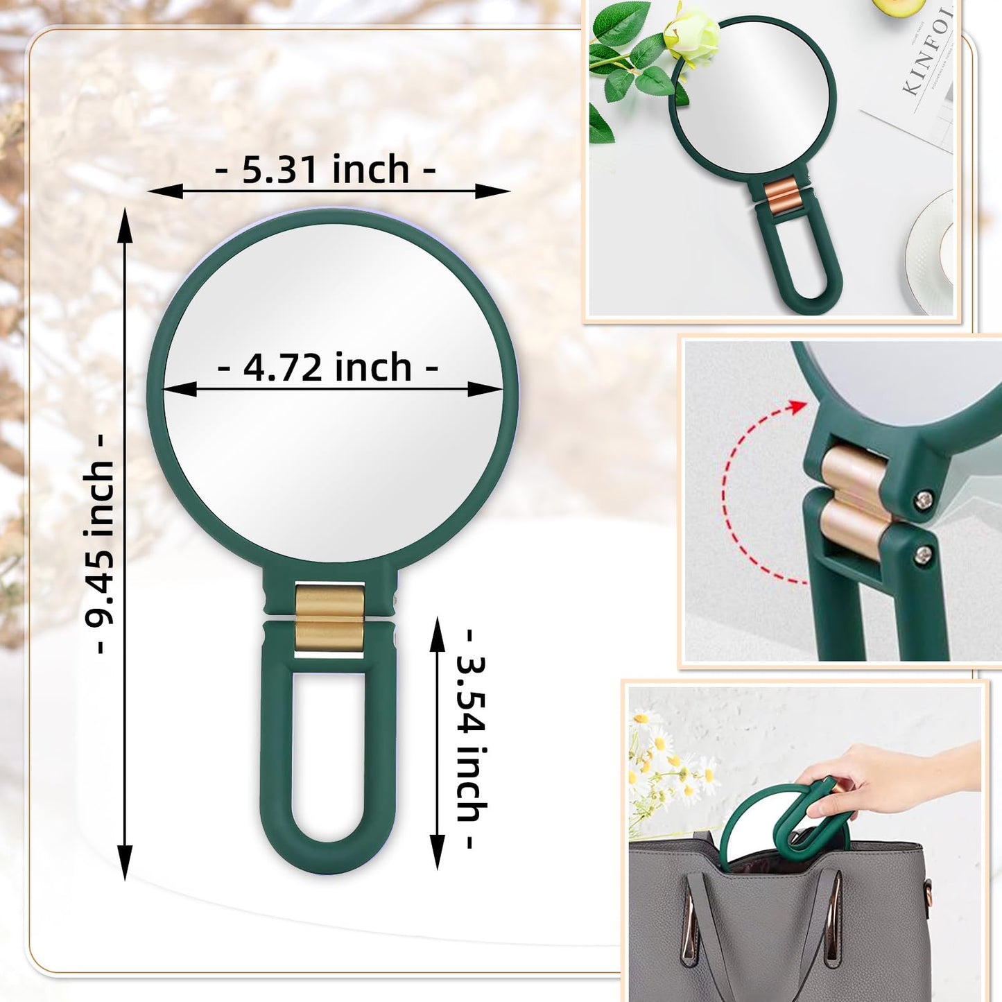 Novadex 1x 5X Magnifying Mirror, Handheld Hand Mirror with Handle, Travel Hand Held Vanity Mirror, Compact Double Sided Portable Magnification Small Make Up Mirrors for Precision Makeup (Army Green)