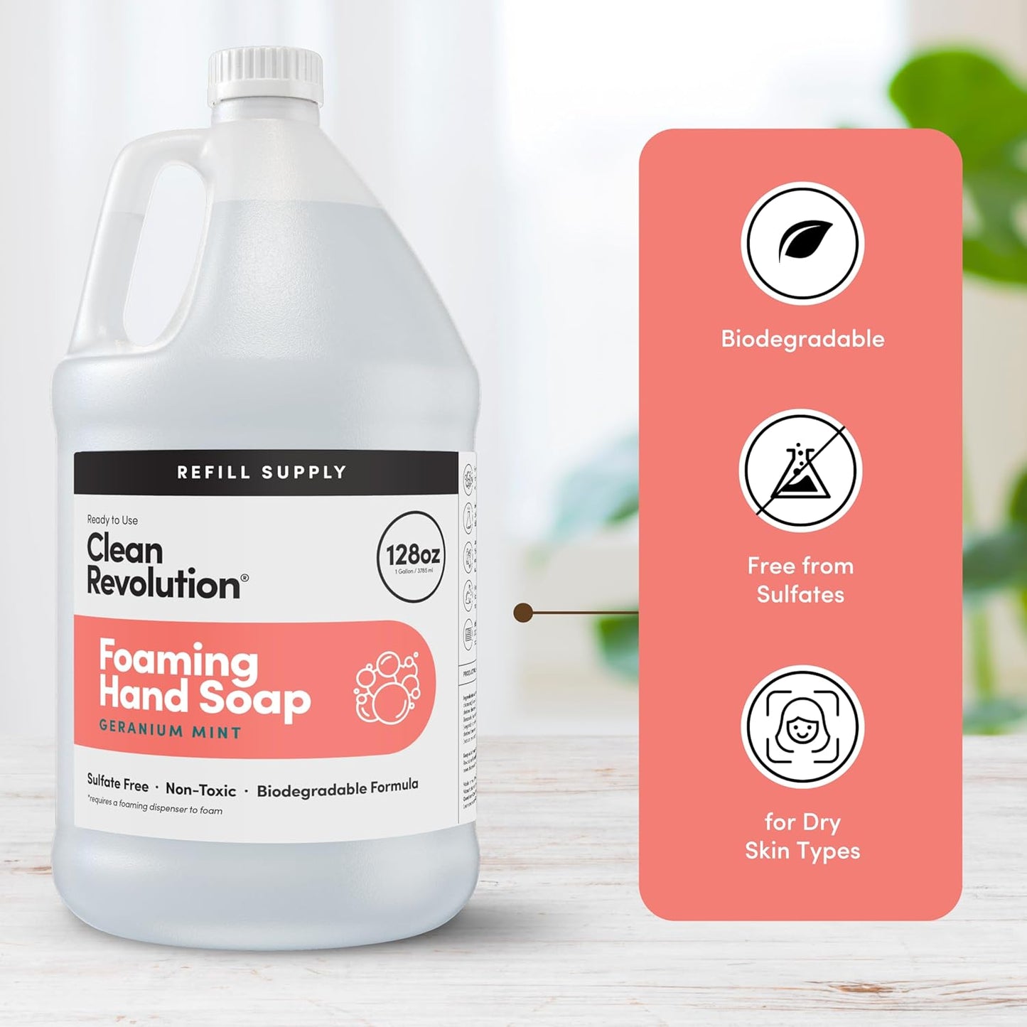 Clean Revolution Foaming Hand Soap - Gentle & Moisturizing Formula with Real Essential Oils | Geranium Mint, 128 Fl Oz