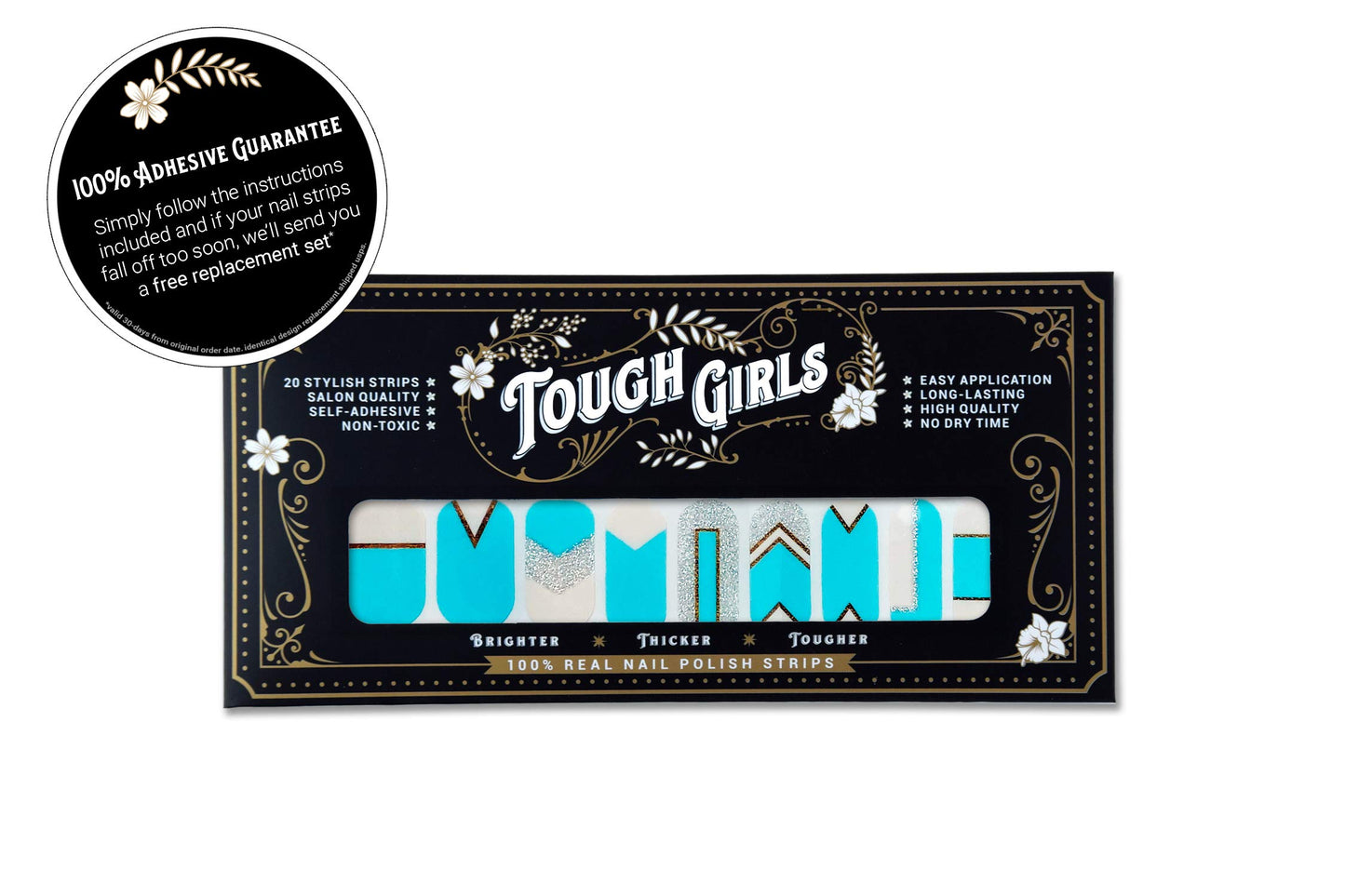 TOUGH GIRLS | 20 Exquisite Gel Nail Polish Strips w/Application Accessories - No UV/LED Lamp Required (Turquoise, Silver Glitter & Gold Lines)