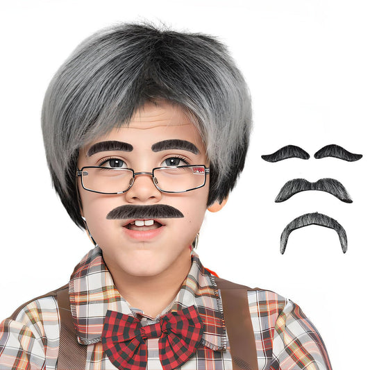 Gray and White Old Man Wig with Mustache and Eyebrows Grandpa Costume Accessories for Boy Kid for 100 Days of School Halloween Party