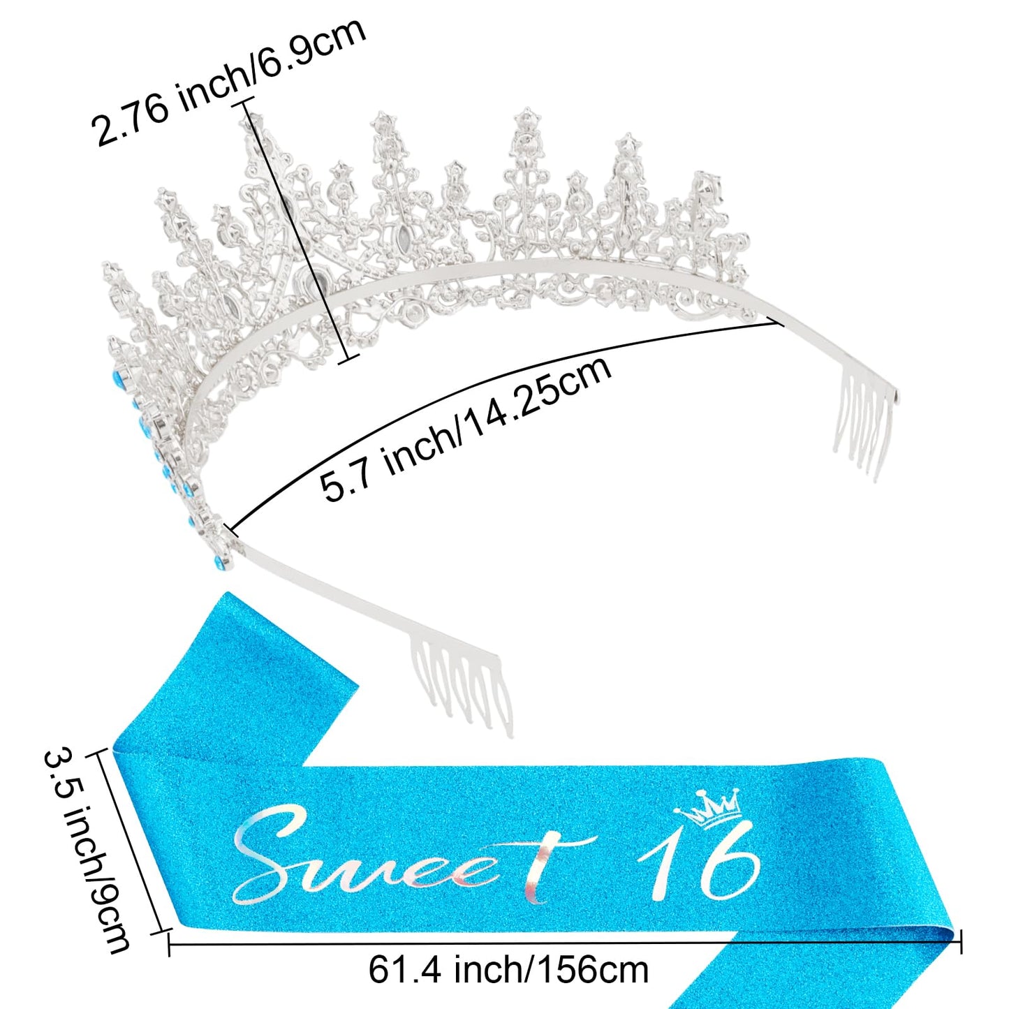 Canitor Sweet 16 Birthday Sashes and Tiaras for Girls 16th Crowns and Sash for Women 16th Birthday Party Decorations Birthday Gifts Party Supplies (blue)