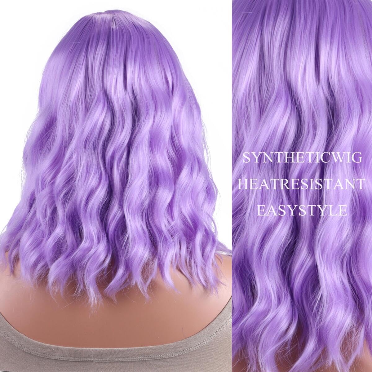 AneShe Lavender Purple Wig Short Purple Wavy Wig With Air Bangs Curly Synthetic Hair Wig Short Colorful Wavy Bob Wigs for Women Party Cosplay (14" Lavender Purple)