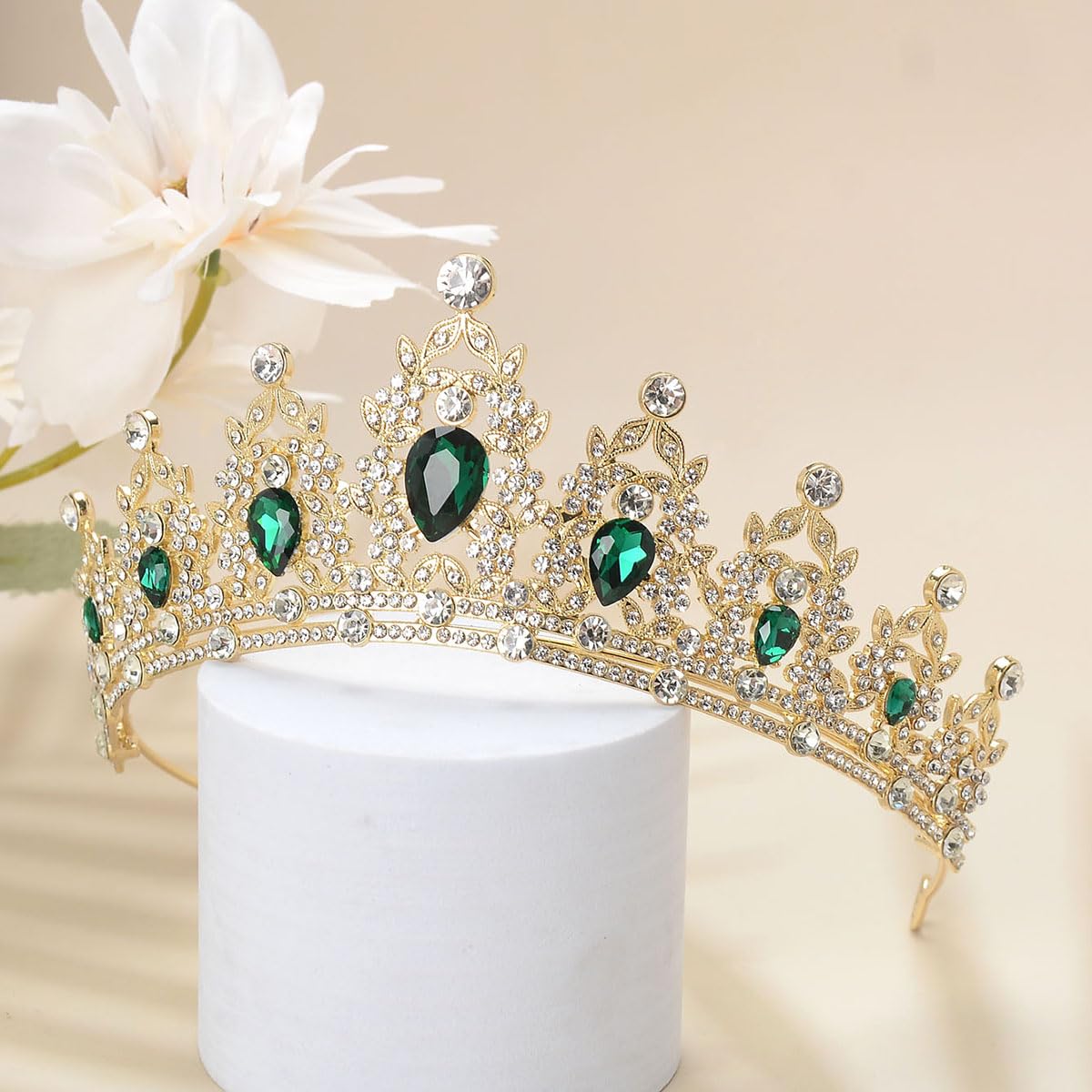 S SNUOY Crystal Tiaras for Women Green Queen Crowns Royal Gold Princess Crown for Party Halloween Costume Prom Birthday Wedding Headband