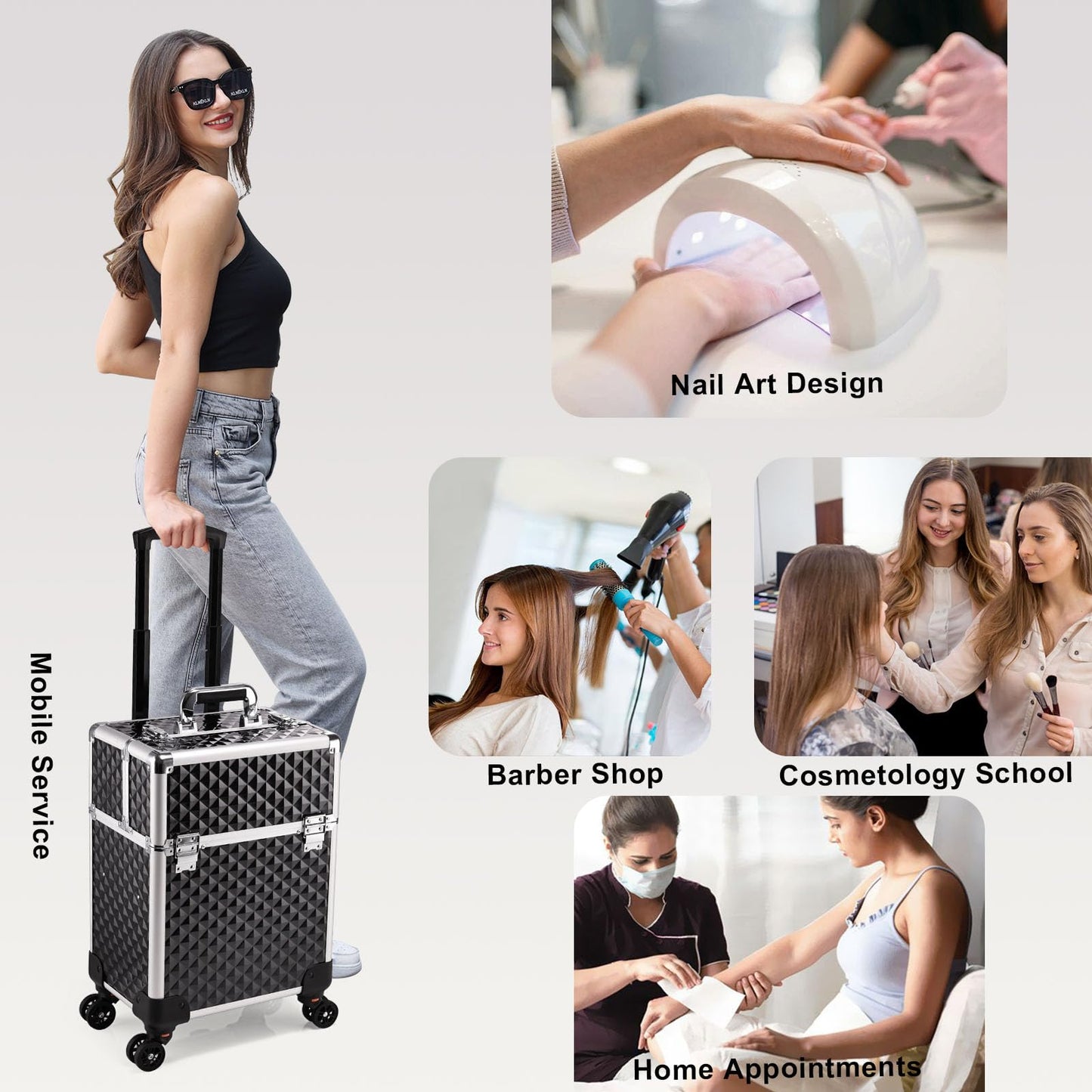 Stagiant Rolling Makeup Train Case Large Cosmetic Trolley 4 Tray with Sliding Rail Removable Layer with Key Swivel Wheels Salon Barber Storage Traveling Cart Trunk - Diamond Black