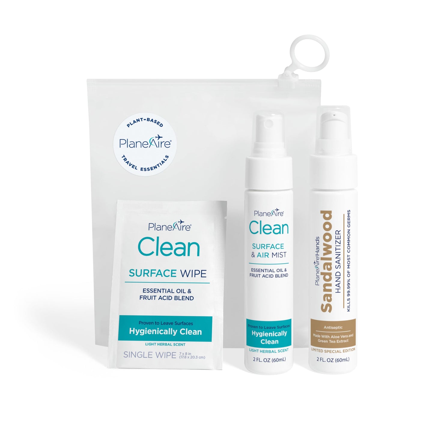 Travel Essentials | Hygiene Kit | Travel Toiletry Kit | Travel Size | Lotion Hand Sanitizer Sandalwood Scent | Surface Wipes | Individual Travel Wipes | Surface Cleaner | Made with Essential Oils