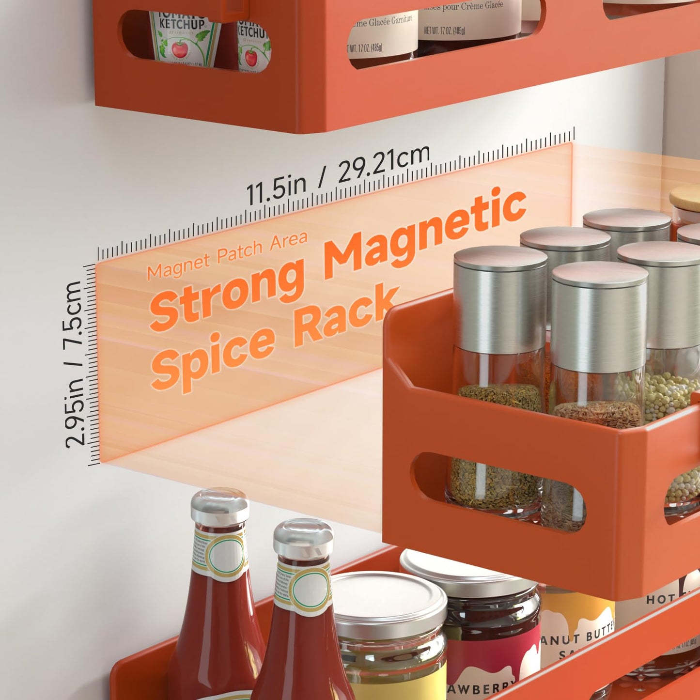 4 Pack Strong Magnetic Spice Rack for Refrigerator, Multipurpose Magnetic Shelf for Fridge with 4 Hooks for kitchen and Bathroom Organization, Black